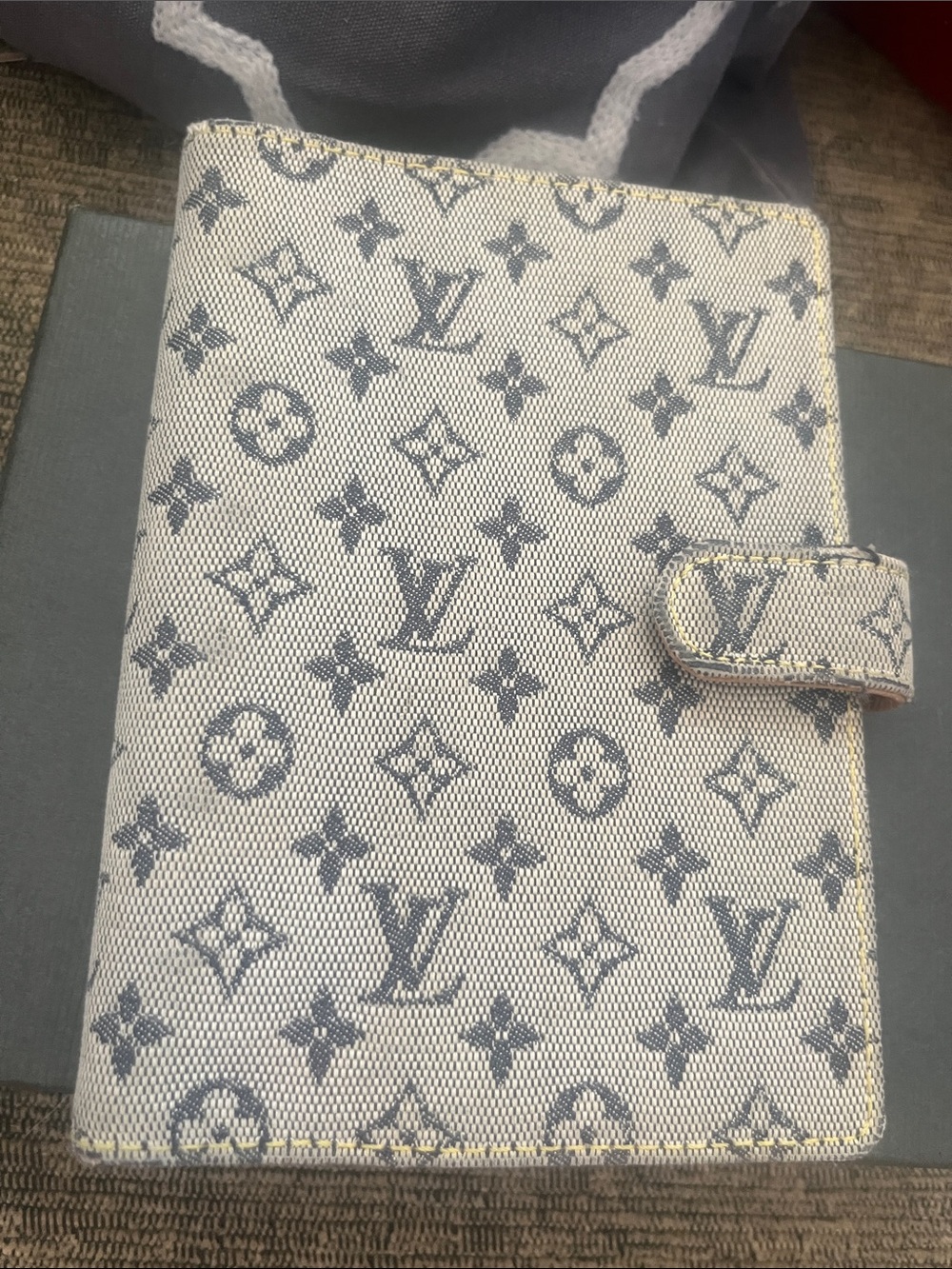 Louis Vuitton Mini Lin Monogram Canvas passport Agenda Cover in gray blue